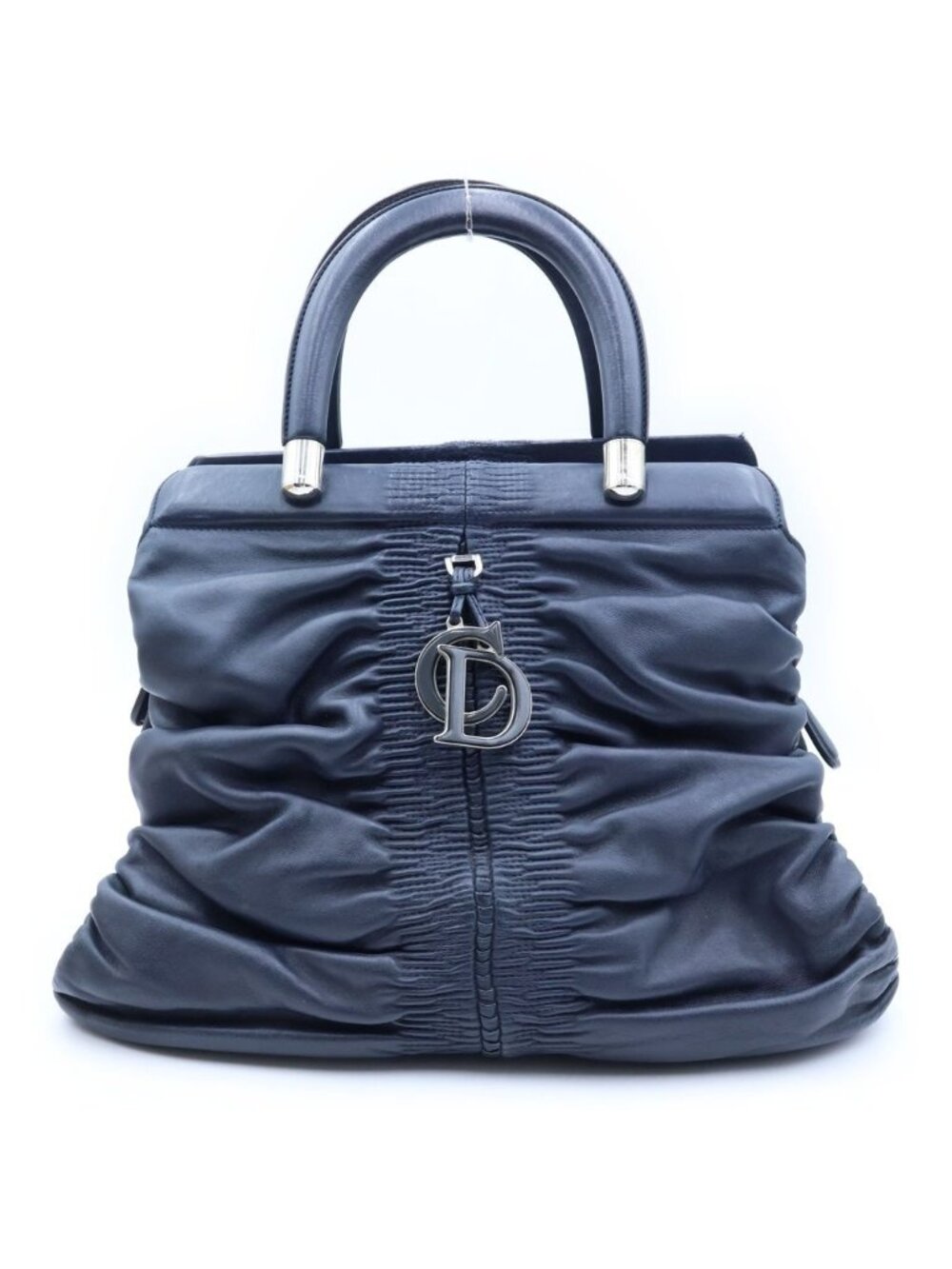 Dior Karenina Gathered Handbag Navy Leather Silver
